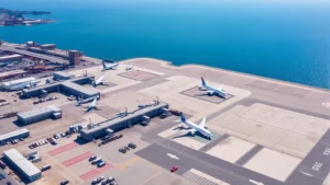 Aerial view of Boston Logan International Airport with multiple aircraft at gates, blue ocean water visible in background, bright daylight photography
