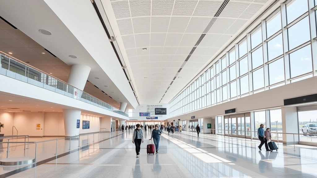 Modern airport terminal interior at Raleigh-Durham showing contemporary architecture, natural light, travelers walking with luggage, clean minimalist design