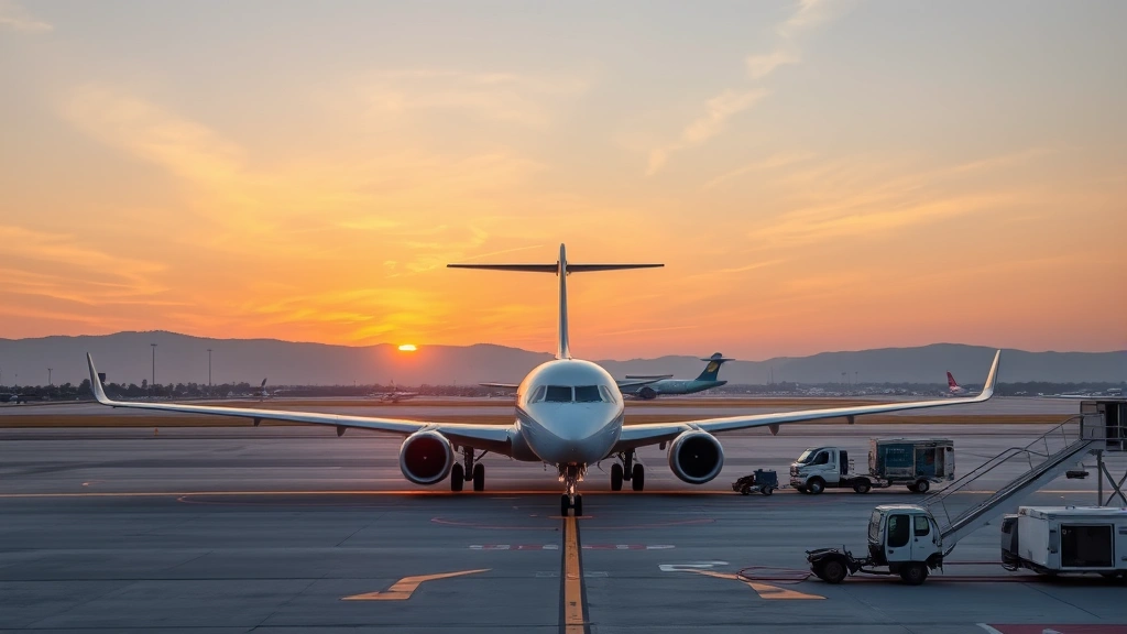 Regional jet aircraft on tarmac during early morning departure with sunrise colors, ground crew and airport vehicles visible, professional aviation photography