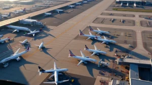 Aerial view of Boston Logan International Airport with commercial aircraft lined up at gates, morning sunlight casting long shadows across the tarmac and runway infrastructure