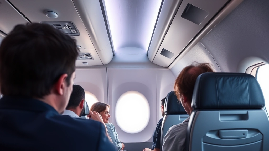 Regional jet interior cabin during flight showing passengers in economy seating with overhead bins, natural daylight visible through windows, comfortable and clean aircraft environment