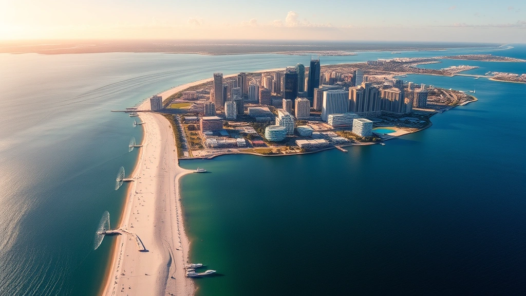 Aerial view of Tampa Bay with blue waters, white sandy beaches, and downtown skyline with modern buildings in bright Florida sunshine, taken from above during golden hour, photorealistic travel photography