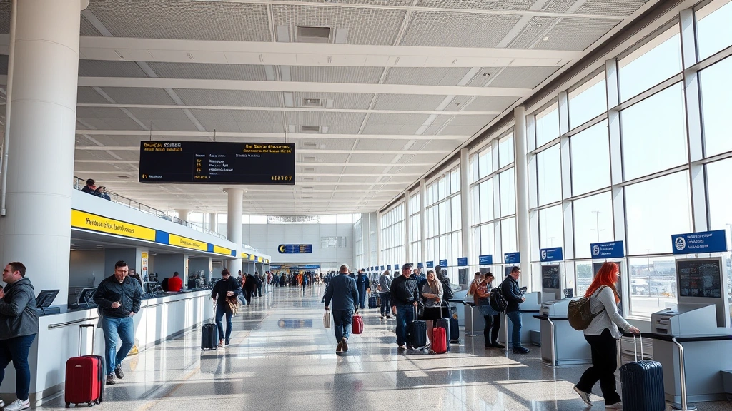 Buffalo Niagara International Airport departure hall with modern architecture, travelers with luggage at check-in counters, natural light from large windows, bustling terminal atmosphere, photorealistic airport scene
