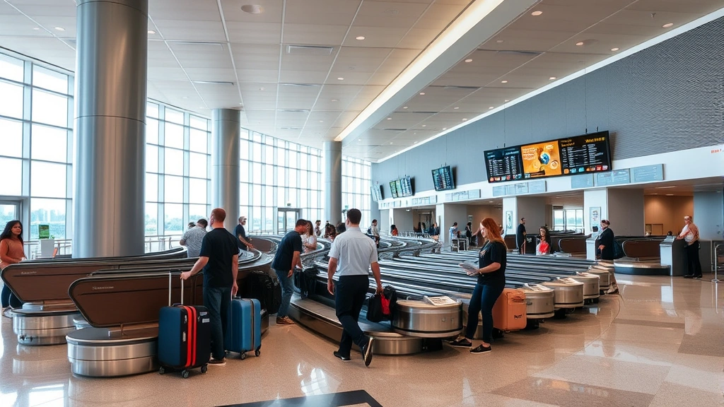 Tampa International Airport arrival area with contemporary design, helpful staff assisting passengers, baggage claim carousels, modern terminal interior with natural lighting, clean professional airport environment