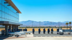 Burbank Airport terminal exterior with aircraft parked at gates, California desert landscape visible in background, modern glass architecture