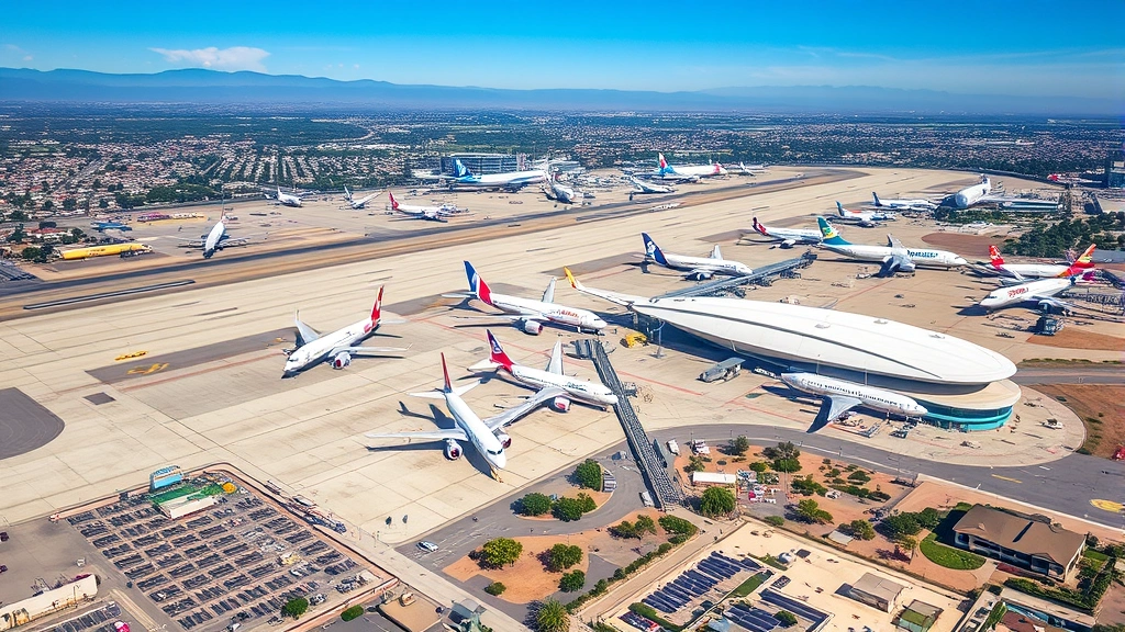 Aerial view of Burbank Airport (BUR) with commercial aircraft parked at gates, Southern California landscape visible below, bright daylight, professional aviation photography