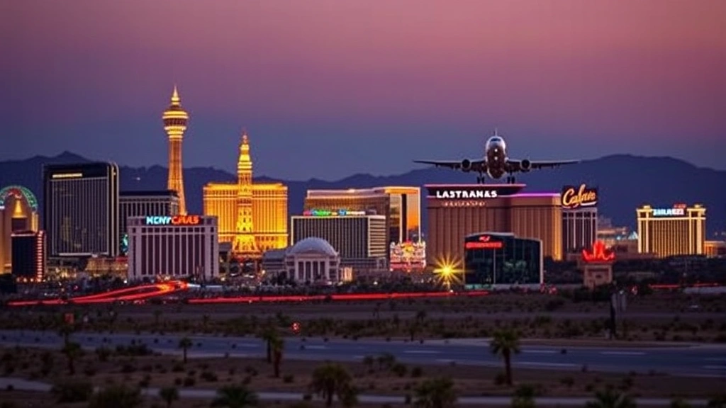 Las Vegas skyline at dusk with bright neon lights and casinos visible, commercial airplane on final approach with landing lights on, desert landscape below, professional travel photography
