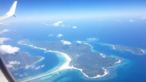 Aerial view of Hawaiian islands with blue ocean waters, white sand beaches, and lush green vegetation visible from airplane window at cruising altitude during daytime