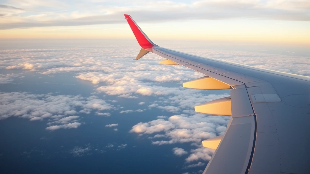 Modern commercial aircraft wing in flight over Pacific Ocean with clouds below, golden hour lighting showing the vastness of ocean between California and Hawaii