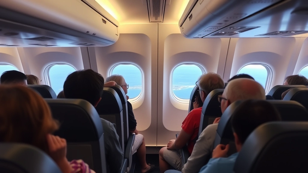 Interior of modern commercial aircraft cabin with passengers seated comfortably, overhead bins, and window showing ocean horizon during mid-Pacific flight to Hawaii