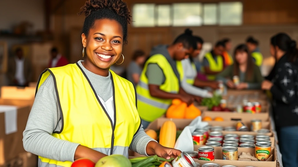 Smiling volunteer wearing bright yellow safety vest working at community food bank sorting fresh produce and canned goods, warm natural lighting, diverse team in background