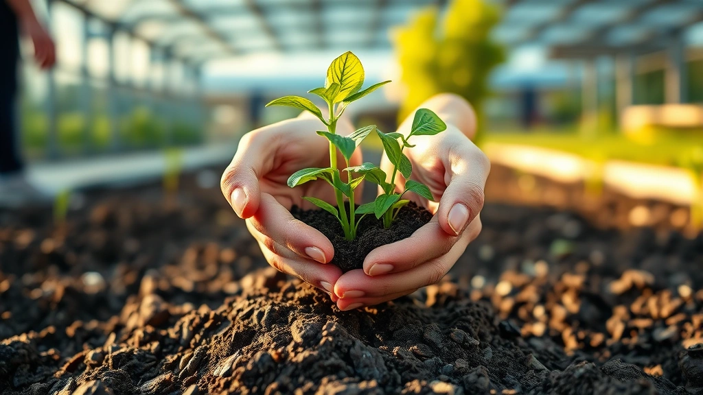 Hands holding seedlings over rich soil in community garden with airport terminal visible in blurred background, sustainable travel concept, golden hour sunlight