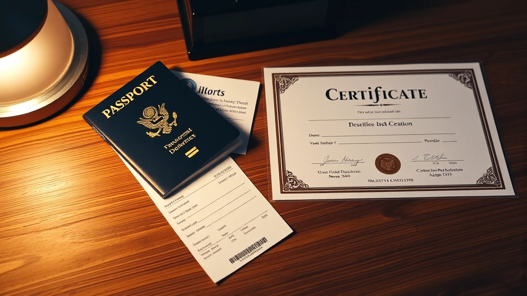 Passport and boarding pass displayed next to charity donation receipt and volunteer certificate on wooden desk, travel rewards achievement theme, professional lighting
