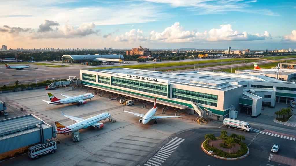 Aerial view of Manila's Ninoy Aquino International Airport terminal building during daytime with aircraft parked at gates, tropical sky visible