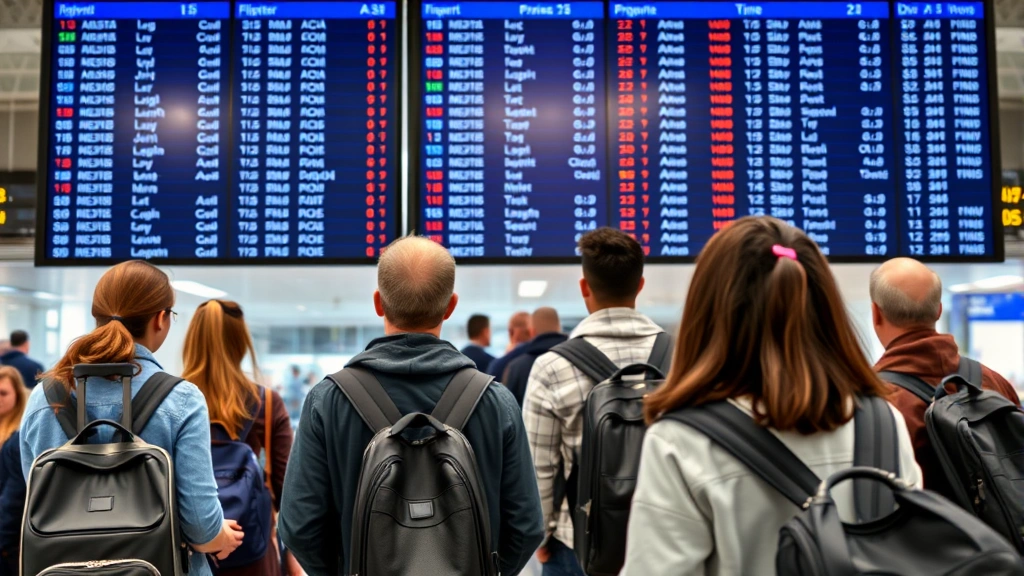 Diverse group of travelers checking flight information on airport departure board, showing various flight statuses and times, modern airport setting