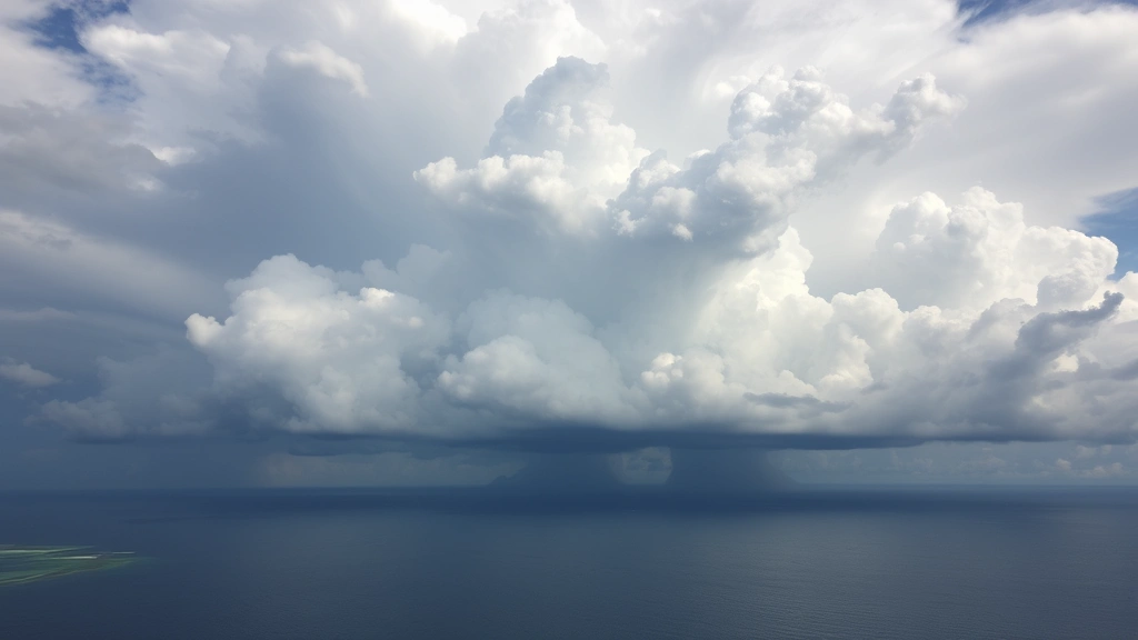 Tropical thunderstorm clouds building over Philippine archipelago waters, dramatic monsoon weather conditions, ocean and islands visible below