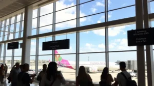 Modern airport terminal with Caribbean Airlines aircraft visible through large windows, passengers checking mobile phones for flight information, bright tropical daylight, bustling airport atmosphere