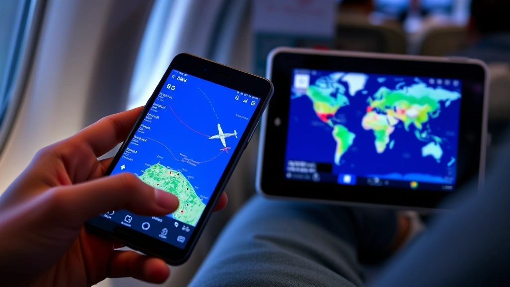 Real-time flight tracking displayed on smartphone and tablet screens showing Caribbean route maps, aircraft positions, and status updates, technology-focused travel scene