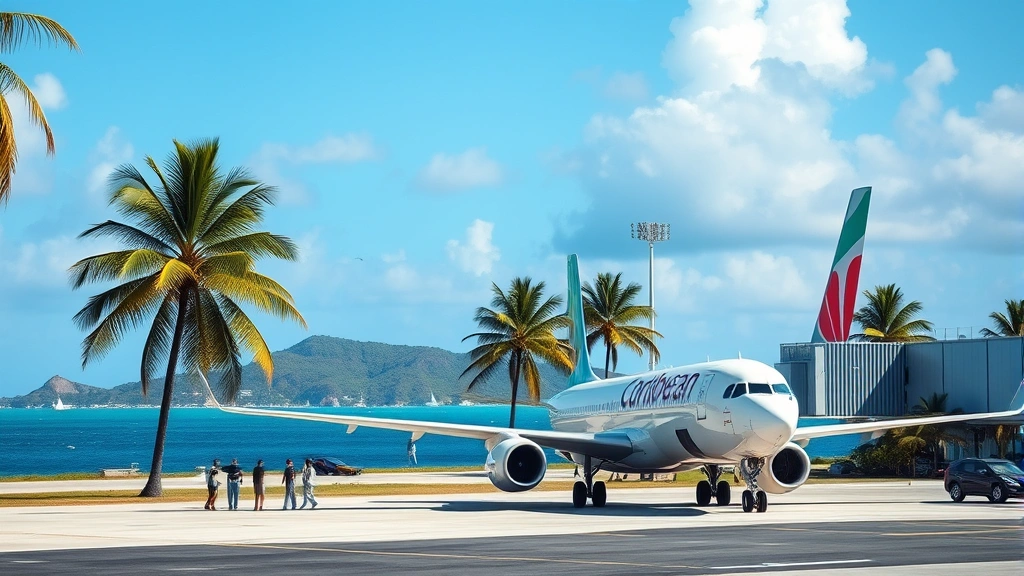 Caribbean island airport with Caribbean Airlines plane on tarmac, tropical palm trees, clear blue sky, ground crew preparing aircraft, scenic island backdrop