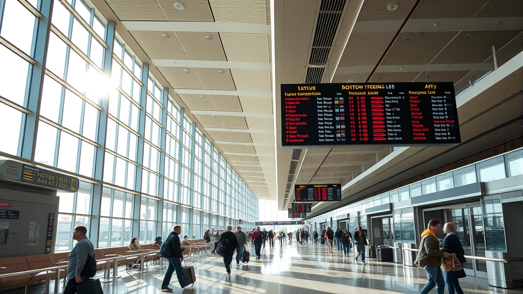 Boston Logan International Airport terminal with modern architecture and travelers checking departure boards, natural daylight streaming through windows, professional travel photography