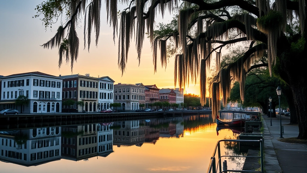 Charleston historic district waterfront at sunrise with historic buildings reflected in calm water, Spanish moss hanging from oak trees, serene morning atmosphere perfect for travel destination imagery