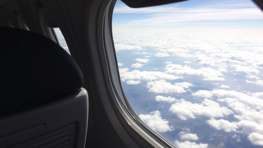Airplane cabin interior during flight showing window seat view of clouds and distant landscape below, passenger comfort elements visible, aerial perspective of journey between cities