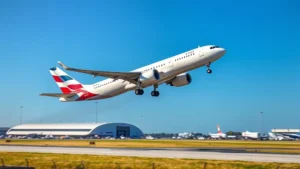 Modern commercial aircraft taking off from Charlotte Douglas International Airport with clear blue sky and runway in foreground, professional aviation photography