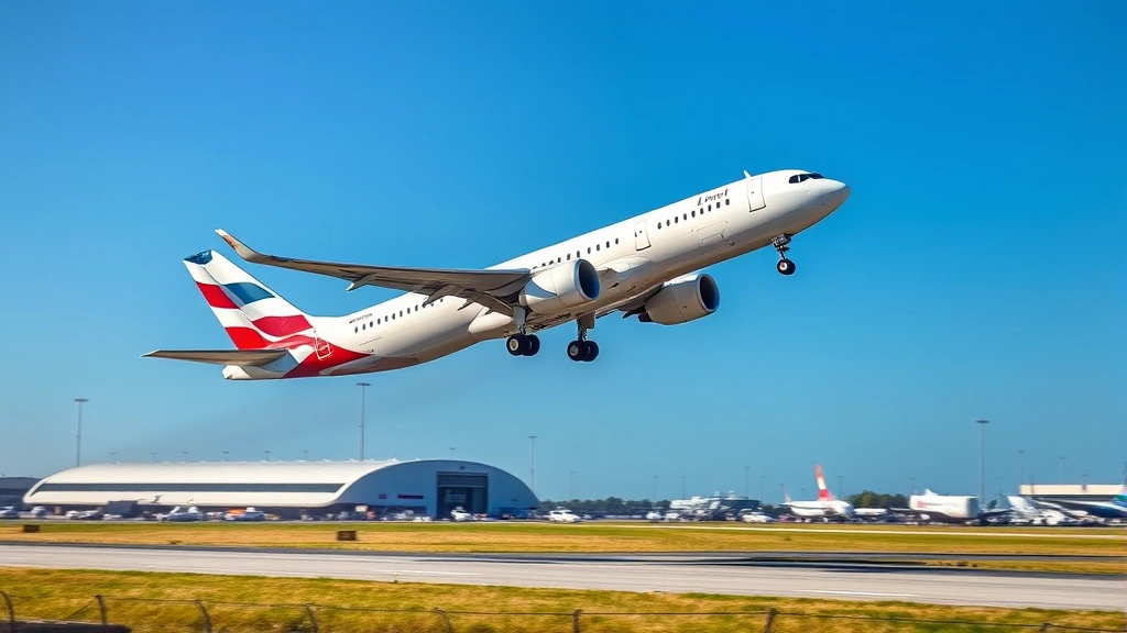 Modern commercial aircraft taking off from Charlotte Douglas International Airport with clear blue sky and runway in foreground, professional aviation photography