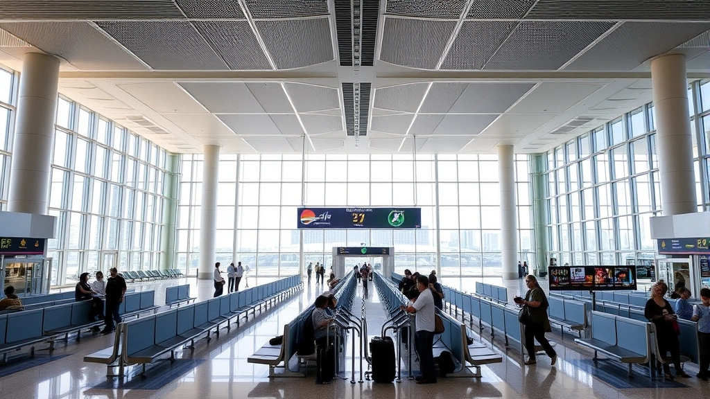 Miami International Airport terminal interior showing modern gates, travelers waiting, contemporary airport architecture with natural lighting through large windows