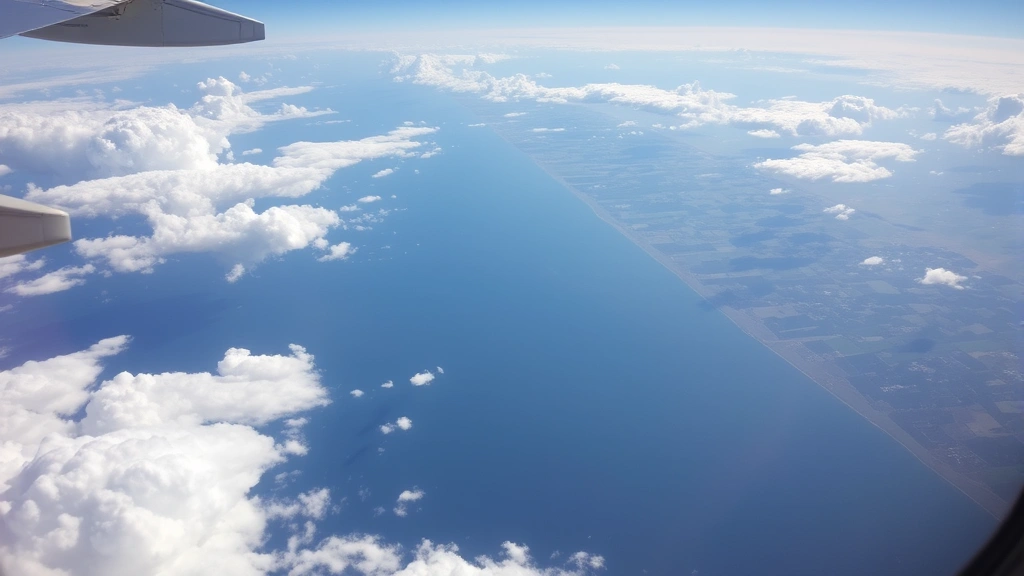 Aerial view of coastline transition from North Carolina to Florida, showing landscape changes during flight path, clouds and terrain below aircraft window perspective