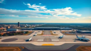 Aerial view of Charlotte Douglas International Airport with planes on tarmac, morning light, vibrant clear skies, wide landscape composition