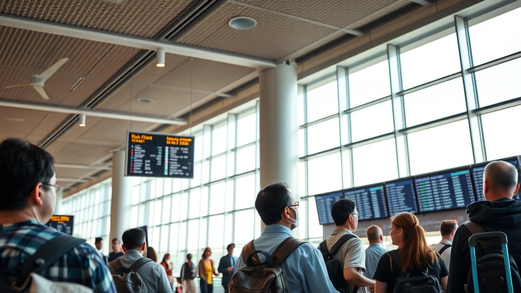 Interior of modern airport terminal with travelers at departure boards, natural lighting, diverse passengers checking flight information, candid travel scene