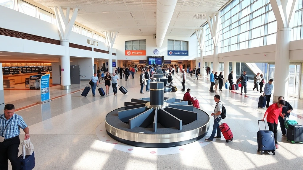 Orlando International Airport baggage claim area with carousel and travelers collecting luggage, bright modern architecture, bustling travel atmosphere, daytime