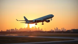 Modern commercial airplane taking off from Chicago airport runway at sunrise with city skyline visible in background, golden morning light, clear sky
