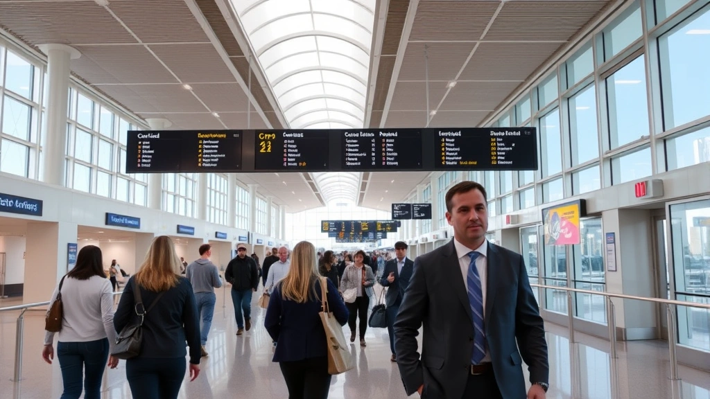 Charlotte Douglas International Airport terminal interior with travelers walking through modern corridor, departure boards visible, professional business and leisure passengers