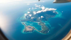 Aerial view of Hawaiian islands with turquoise ocean surrounding Oahu and Maui, bright sunlight reflecting off water, realistic photography from airplane window perspective