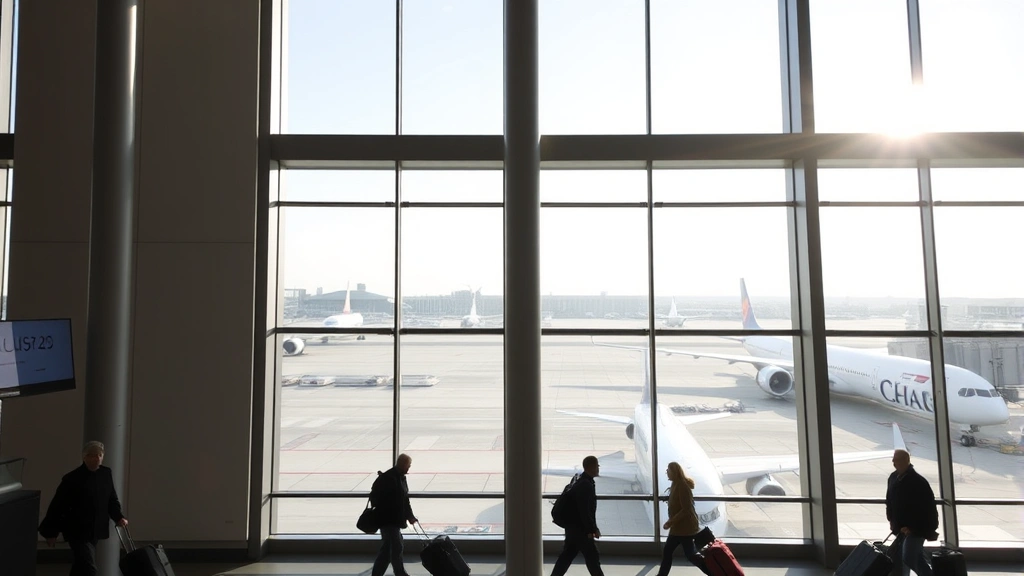 Chicago O'Hare Airport terminal interior with modern architecture, aircraft visible through windows, travelers with luggage, natural daylight streaming through large windows
