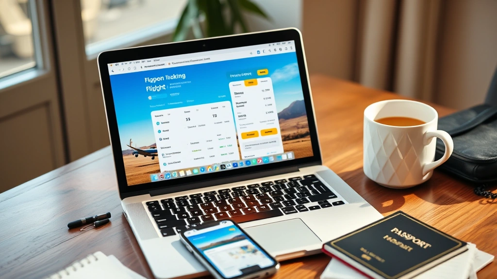 Travel laptop and smartphone displaying flight booking websites and price comparison tools, coffee cup nearby, passport and travel documents on desk, warm natural lighting