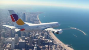 Aerial view of commercial airplane flying over Chicago skyline with Lake Michigan visible below, sunny day, realistic aircraft and urban landscape