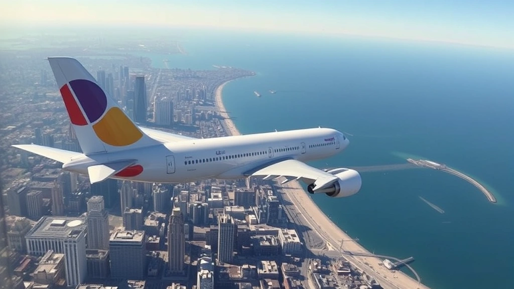 Aerial view of commercial airplane flying over Chicago skyline with Lake Michigan visible below, sunny day, realistic aircraft and urban landscape