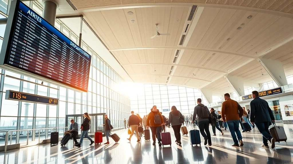 Modern airport terminal interior showing departure board and travelers with luggage, bright natural lighting, busy domestic travel scene