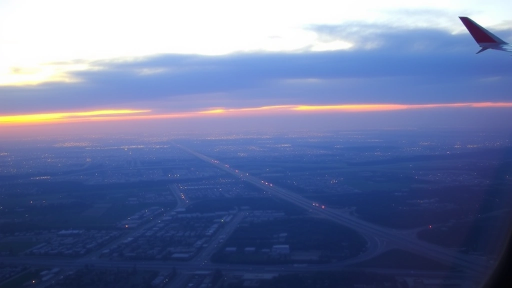 Golden sunset view from airplane window over Los Angeles basin with city lights beginning to twinkle, palm trees and highways visible below