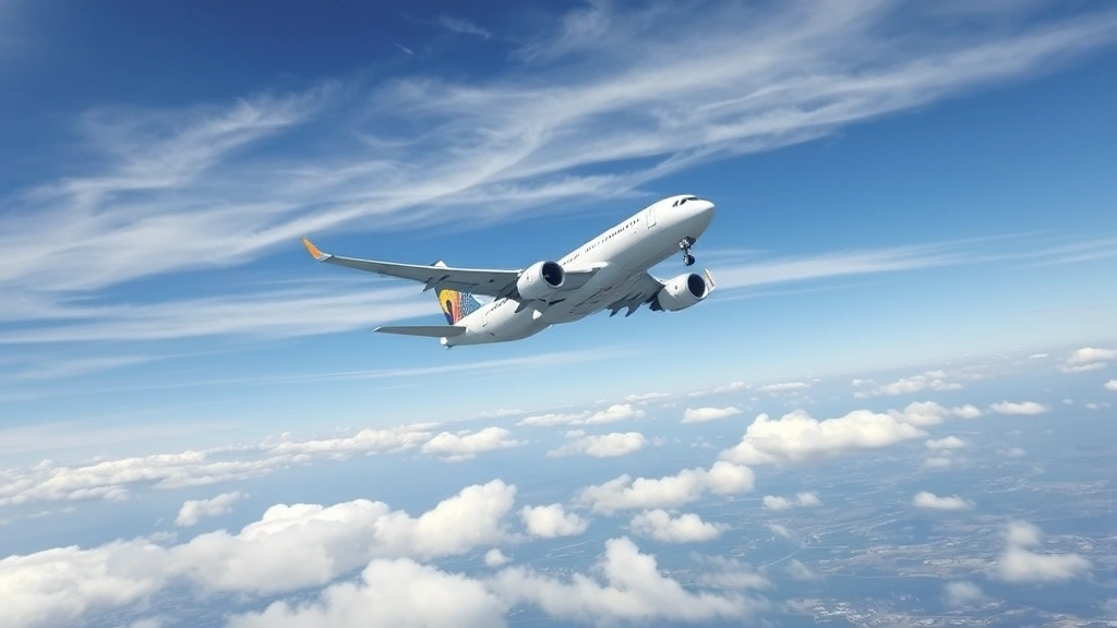 Modern commercial aircraft in flight over landscape, blue sky, white clouds, photographed from below angle showing fuselage and wings clearly
