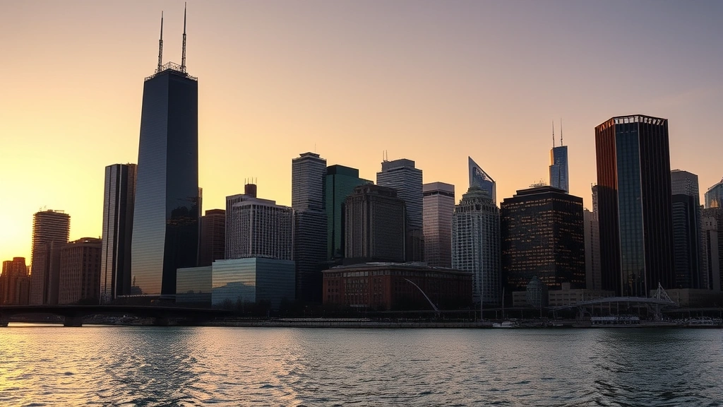 Chicago skyline at sunset with tall buildings and downtown architecture reflected in water, golden hour lighting, no people visible
