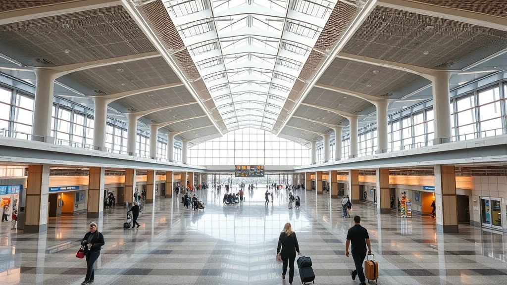 Newark airport terminal interior with modern architecture, high ceilings, natural lighting, travelers walking with luggage, bright and contemporary design