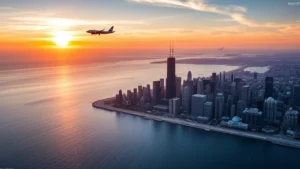 Aerial view of Chicago skyline with Lake Michigan at sunset, commercial aircraft approaching O'Hare International Airport in background, golden hour lighting