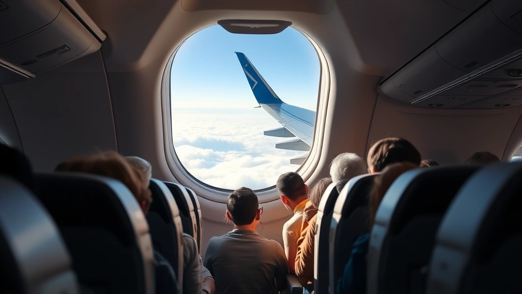 Interior cabin of modern commercial aircraft during daytime flight, passengers relaxed in seats, wing visible through window with clouds below, bright natural lighting