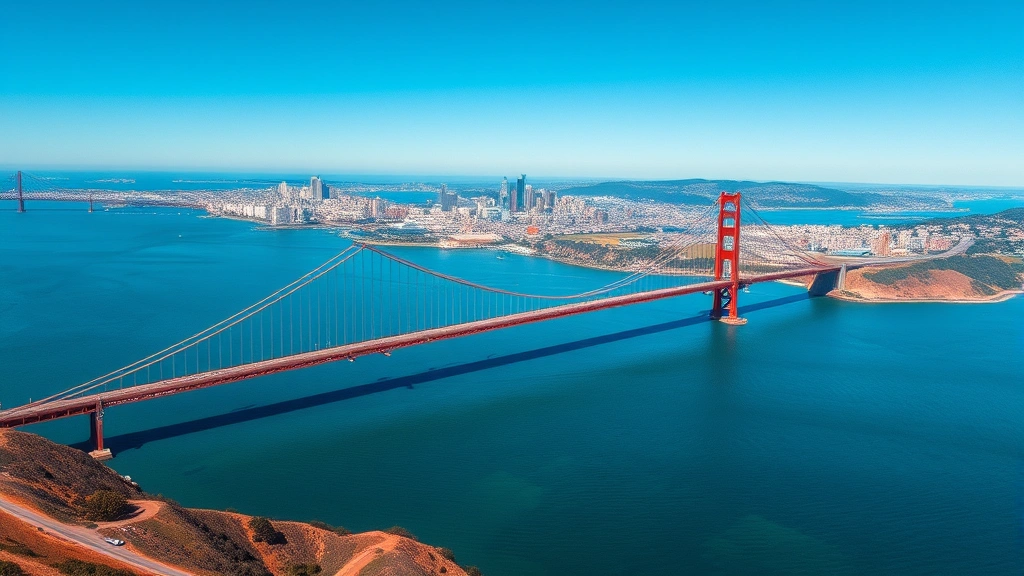 Aerial view of San Francisco Bay with Golden Gate Bridge spanning the water, modern cityscape visible in background, clear blue sky, photorealistic daytime photography