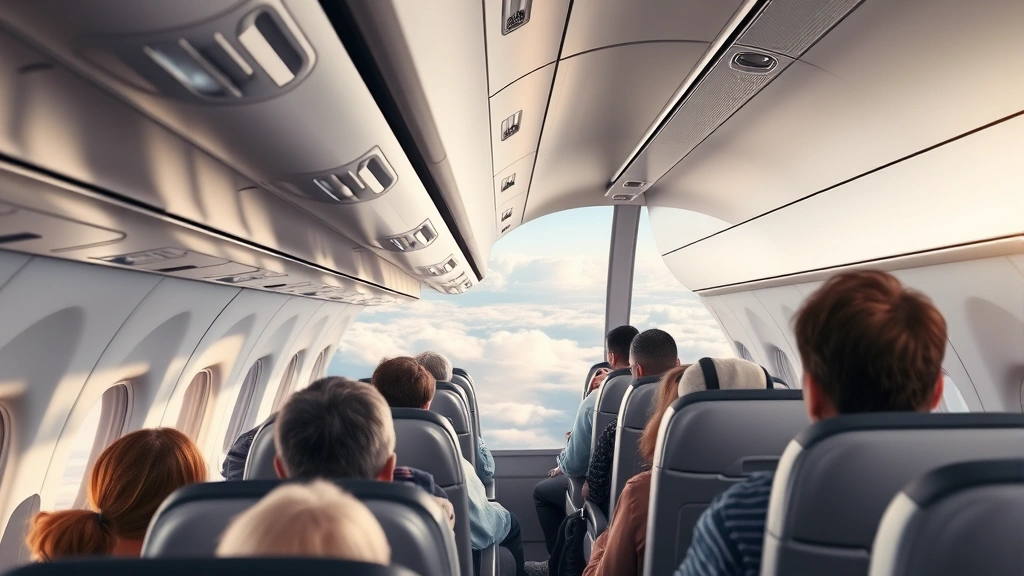 Modern commercial aircraft cabin interior with passengers in economy seats, overhead bins, window showing clouds during flight, realistic contemporary aircraft design