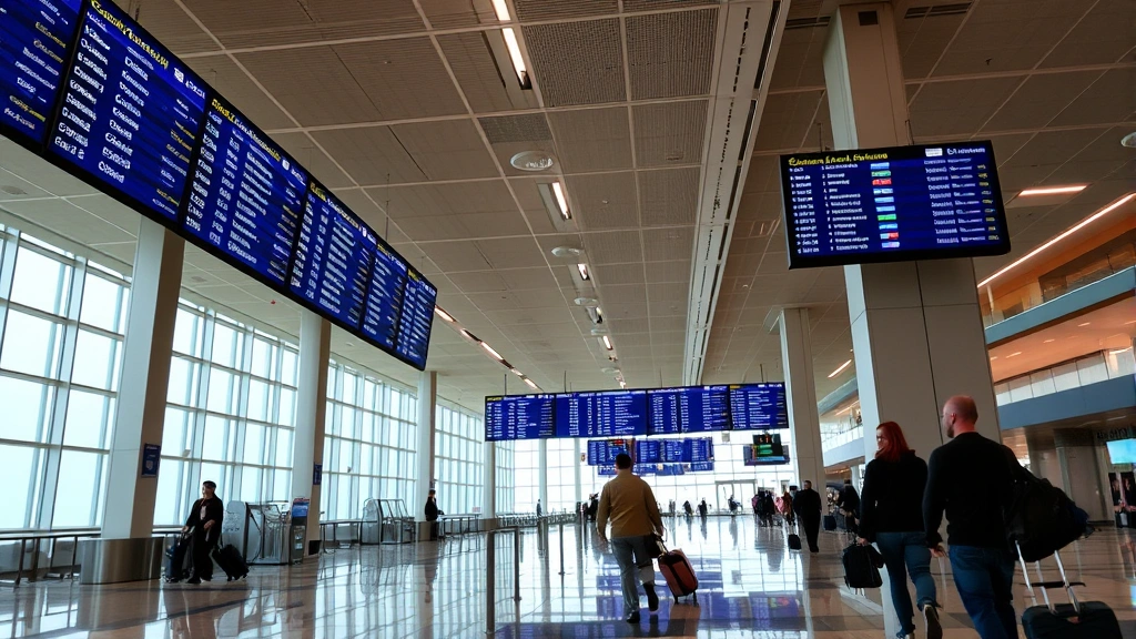 Chicago O'Hare International Airport terminal interior with departure boards displaying flight information, travelers with luggage, modern airport architecture and lighting
